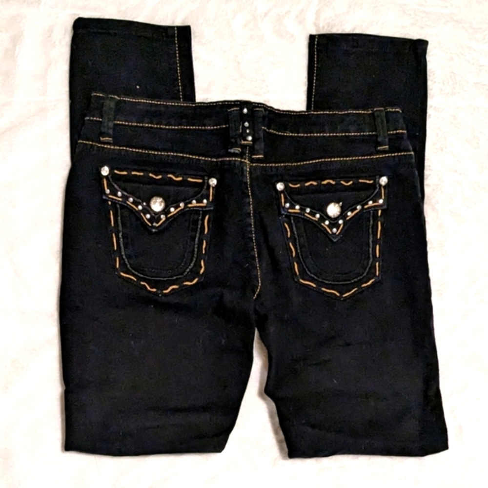 Drama Gold Black Jeans Ladies Straight Skinny Tapered Ornate Distressed Sz 7